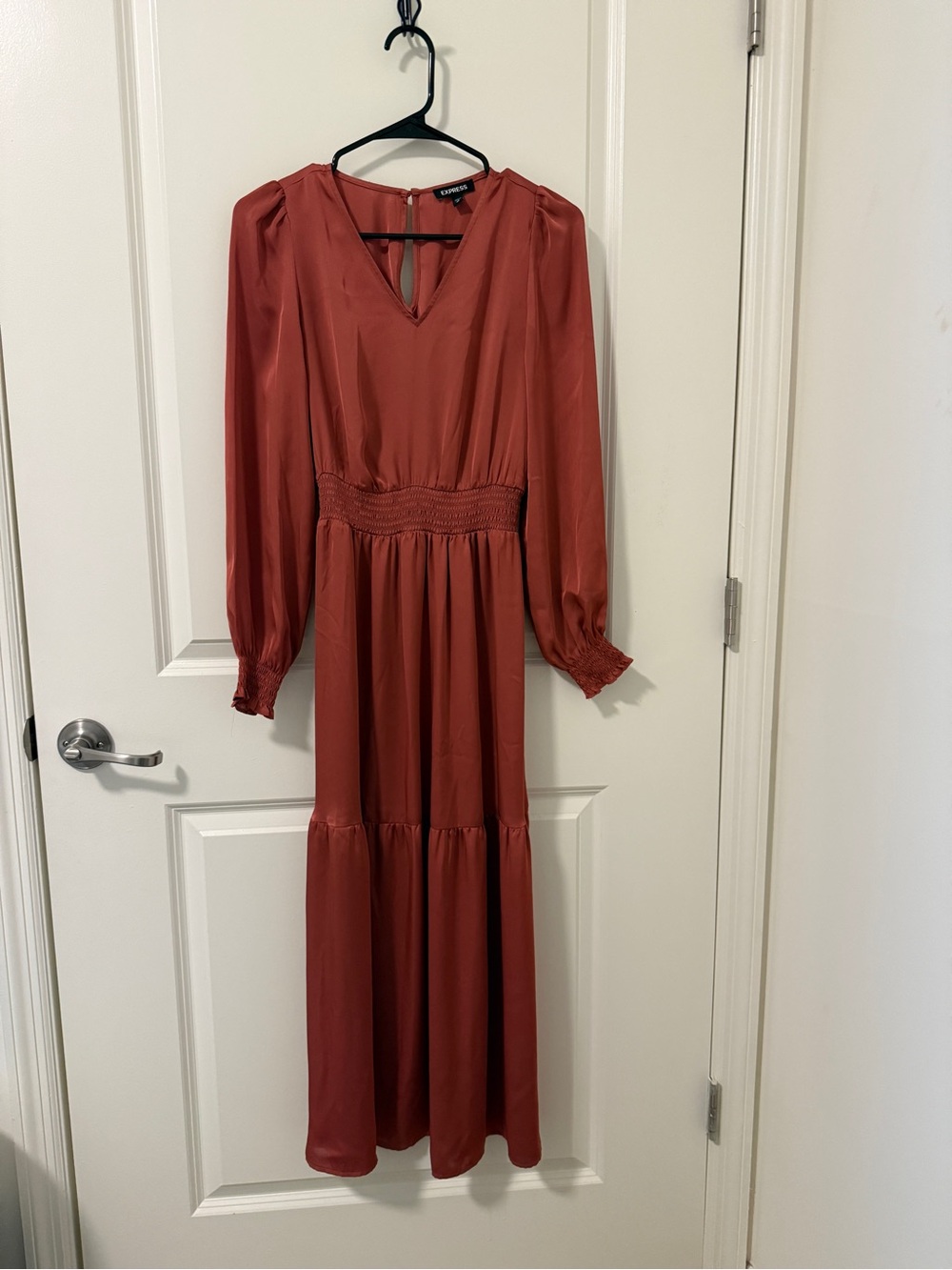 Express Rusty Pink Long Sleeve Maxi Dress with Smocked Waist